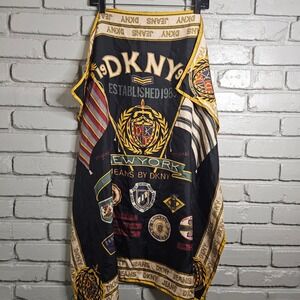 Vintage DKNY Jeans Silk Scarf Navy Gold Crest Patch Print Square 33in